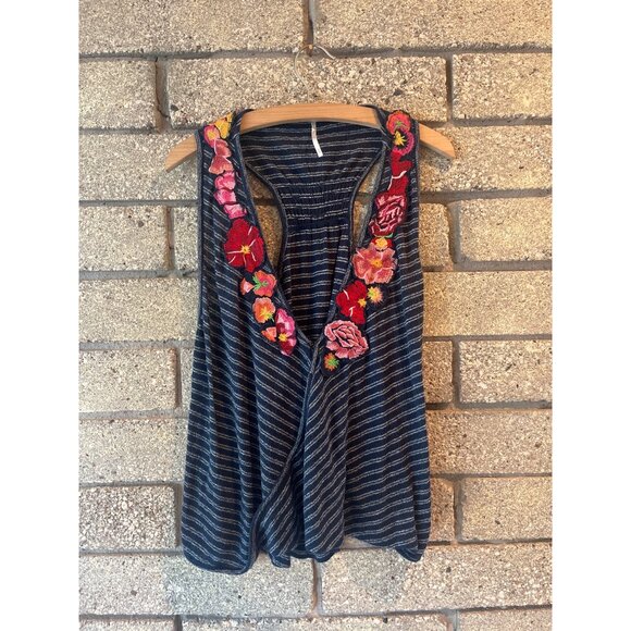 Free People Frida Embroidered Floral Striped Wrap Tank Top Navy L - Picture 3 of 9